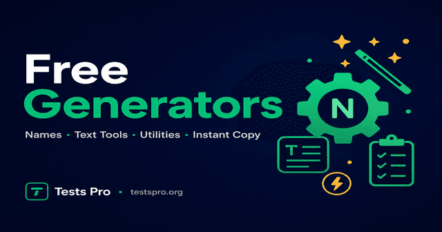 Free online generators illustration — name, text and utility tools on Tests Pro